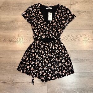 NWT Abercrombie & Fitch Black Floral Romper with Pink & Cream Flowers Size Small